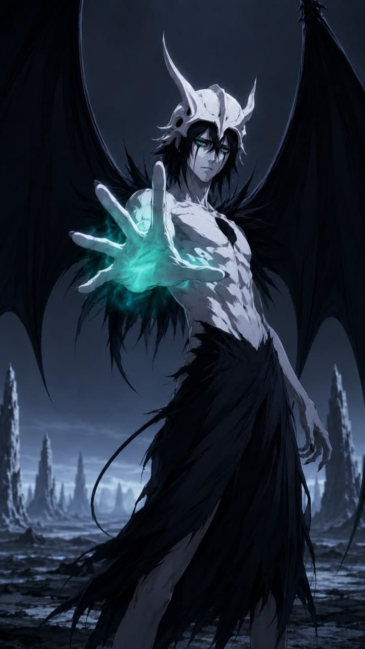 Ulquiorra Cifer en Segunda Etapa con grandes alas negras y energía verde brillante concentrada en una mano.