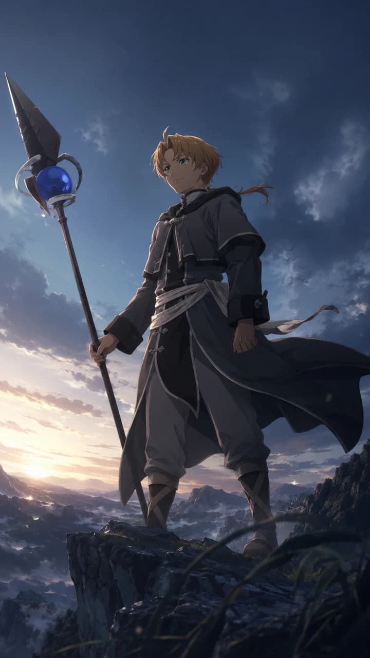 Vertical artwork inspired by Mushoku Tensei: Jobless Reincarnation with isekai magic and fantasy.