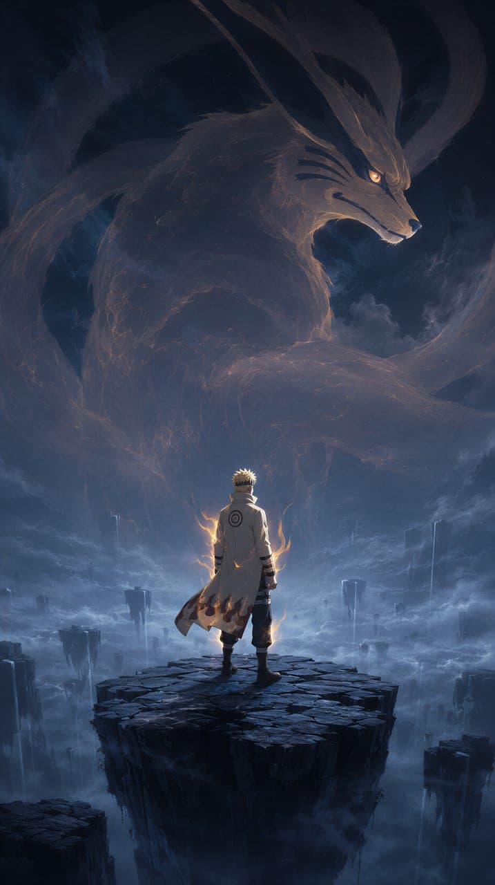 Naruto Uzumaki with Kurama in a vertical Naruto Shippuden illustration.