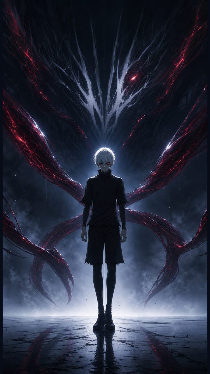 Ken Kaneki de espaldas frente a una enorme presencia de kagune con un ojo rojo.