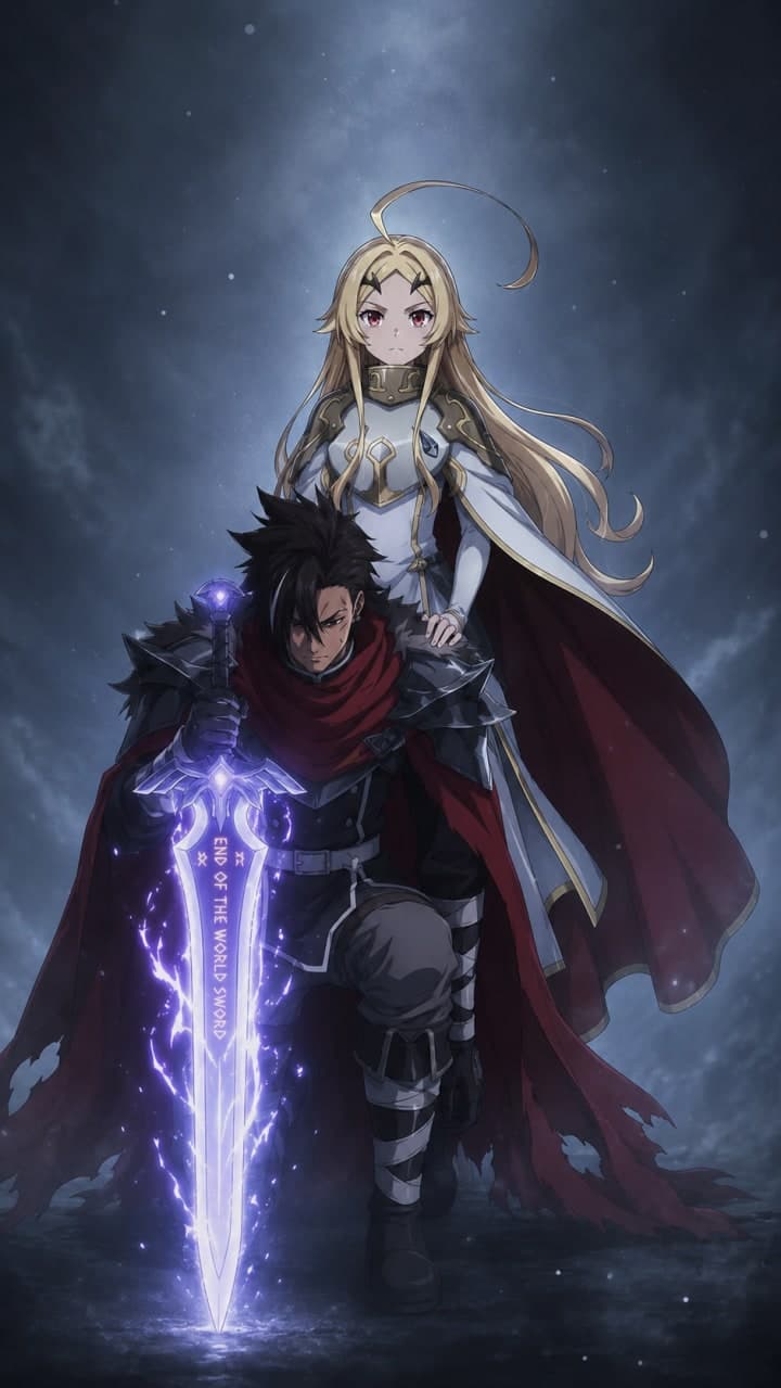 Ilustración vertical de Sentenced to Be a Hero con estética de fantasía oscura.