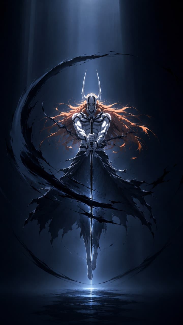 Full Hollow Ichigo levita de frente con la zanpakutō vertical mientras varios anillos de energía negra rodean su cuerpo.