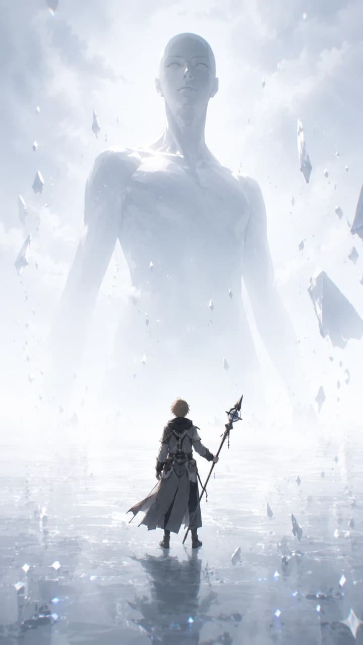 Rudeus Greyrat con su bastón frente a una gigantesca presencia luminosa en Mushoku Tensei Season 3