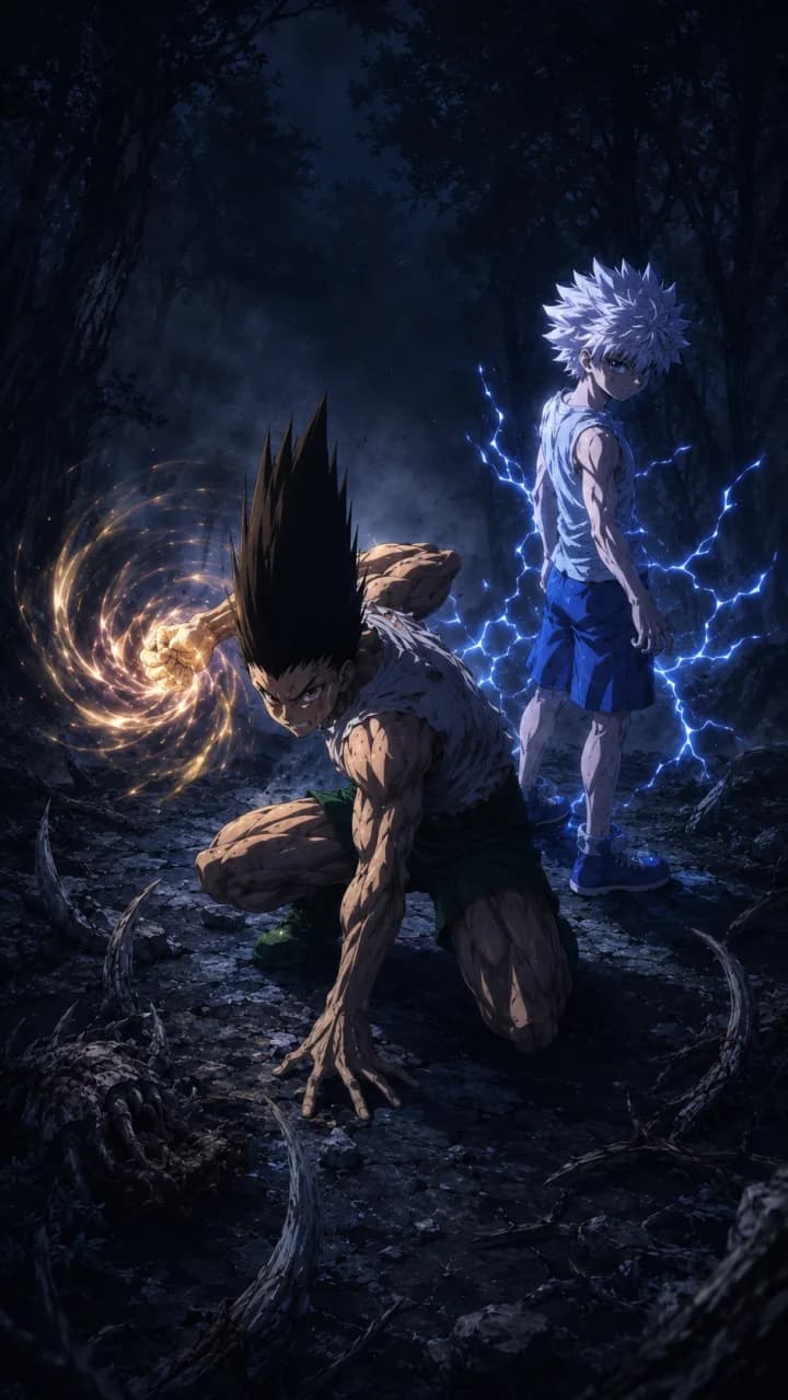 Gon Freecss transformado junto a Killua Zoldyck con electricidad azul en un bosque nocturno