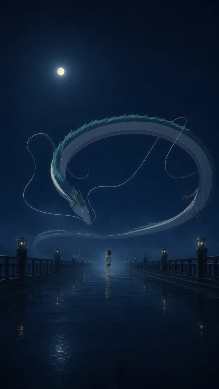 Chihiro aparece a lo lejos en una calzada inundada mientras Haku en forma de dragón cruza bajo la luna.