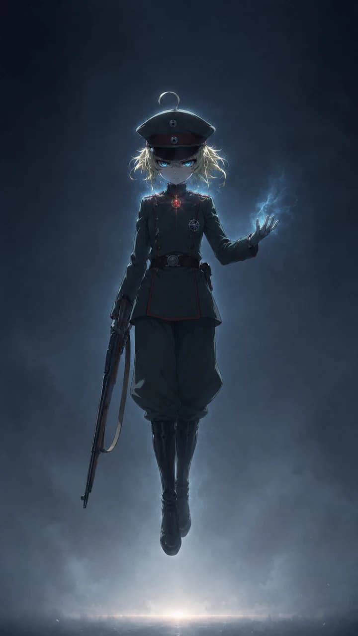 Tanya Degurechaff flotando con rifle y magia azul en Saga of Tanya the Evil