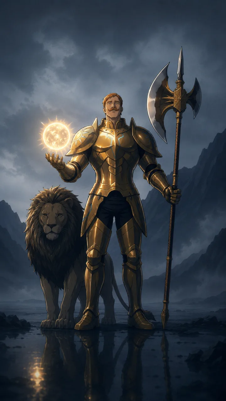 Escanor con armadura dorada, hacha Rhitta, esfera solar y un león en Nanatsu no Taizai