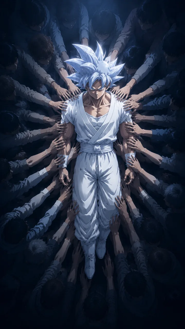 Goku con estética blanca y luminosa en ilustración vertical de Dragon Ball