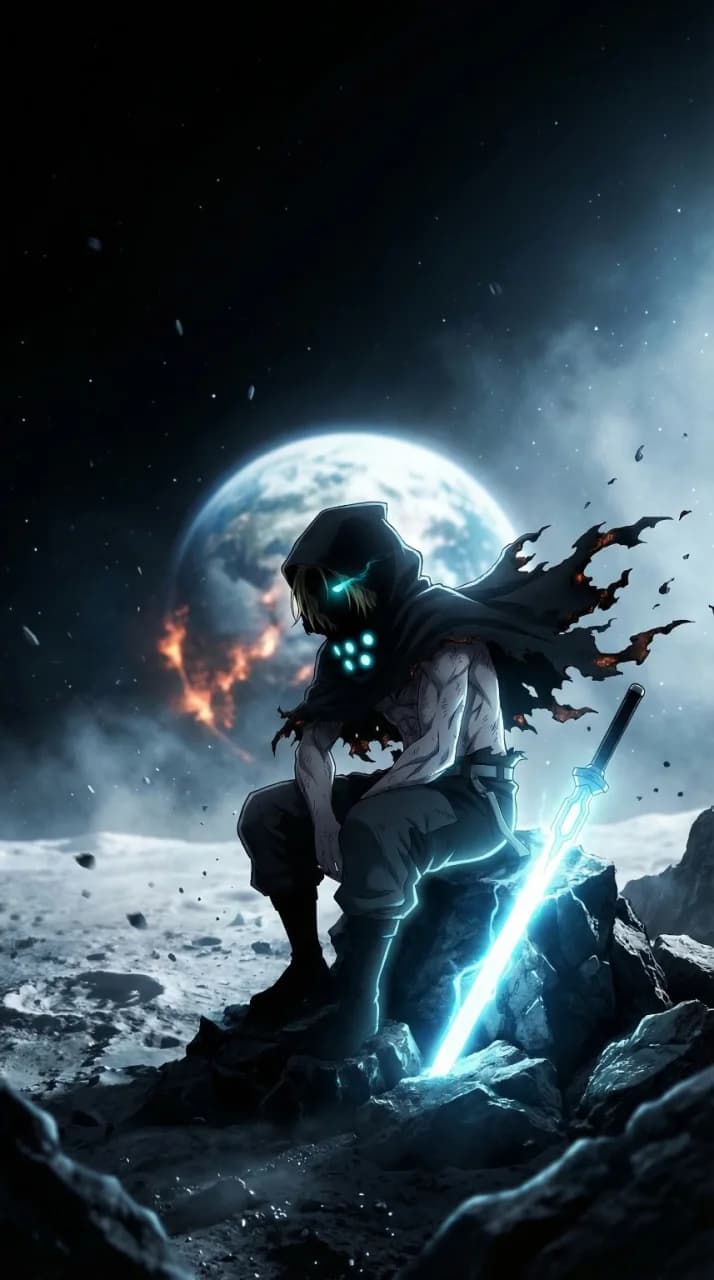 Espadachín encapuchado sentado junto a una espada cian bajo una luna agrietada.