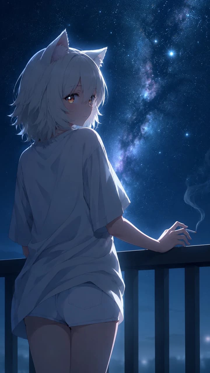 Yani gira la cabeza mientras fuma ante un cielo nocturno lleno de estrellas.