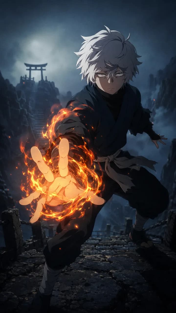 Arte vertical de Hell's Paradise: Jigokuraku con atmósfera de fantasía oscura