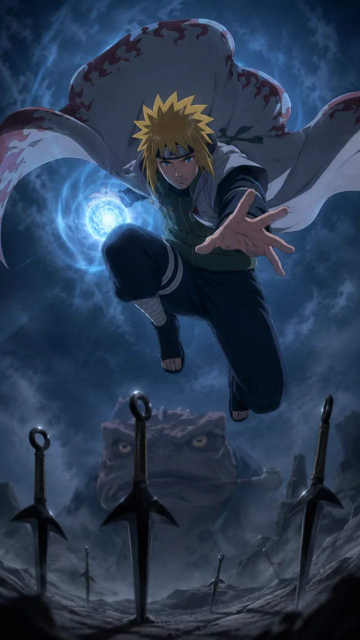 Minato Namikaze de Naruto Shippuden en una ilustración vertical de combate