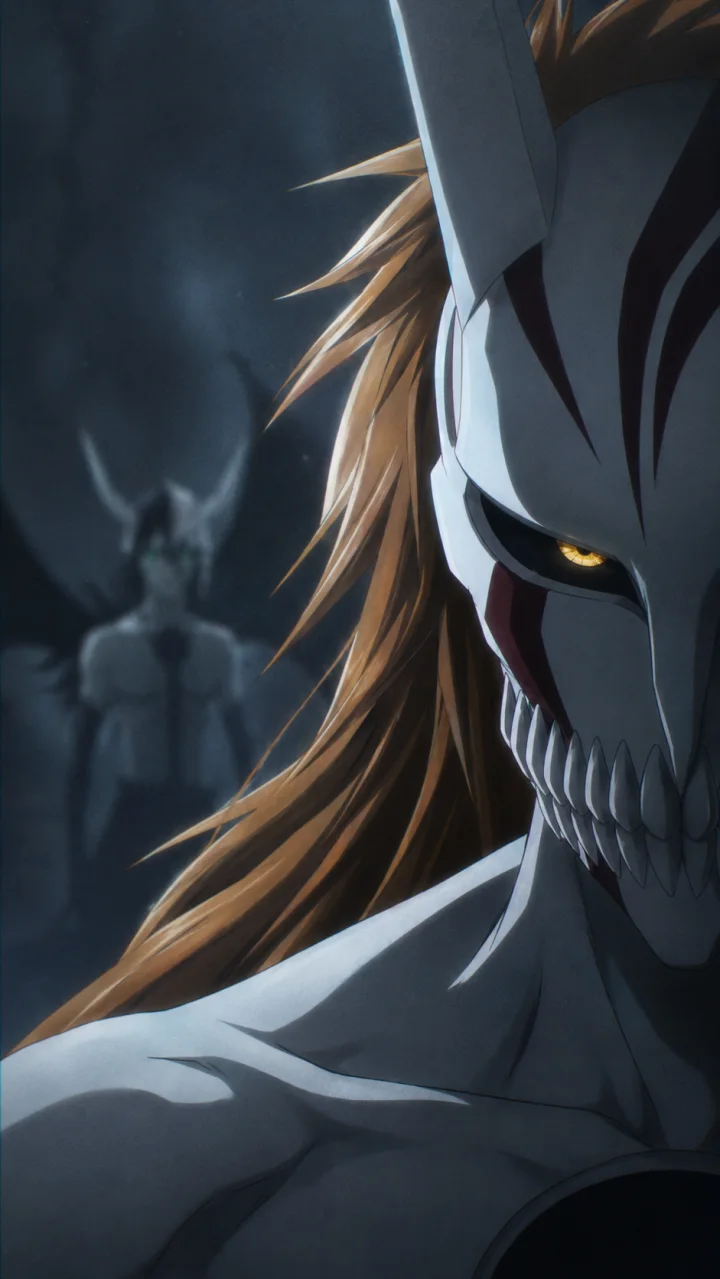 Close-up of Full Hollow Ichigo masked face, with one yellow eye visible and his sword beside his face.