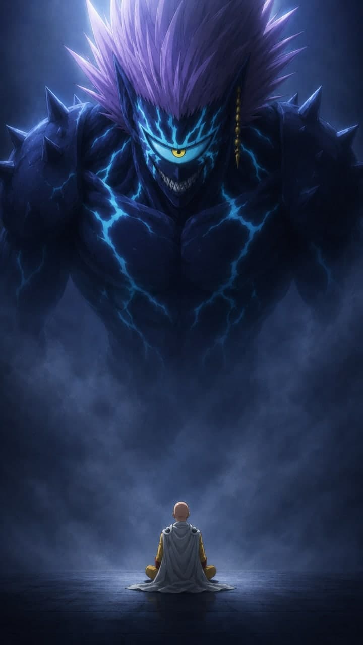 Saitama sentado de espaldas mientras Boros se alza gigantesco entre energía azul.