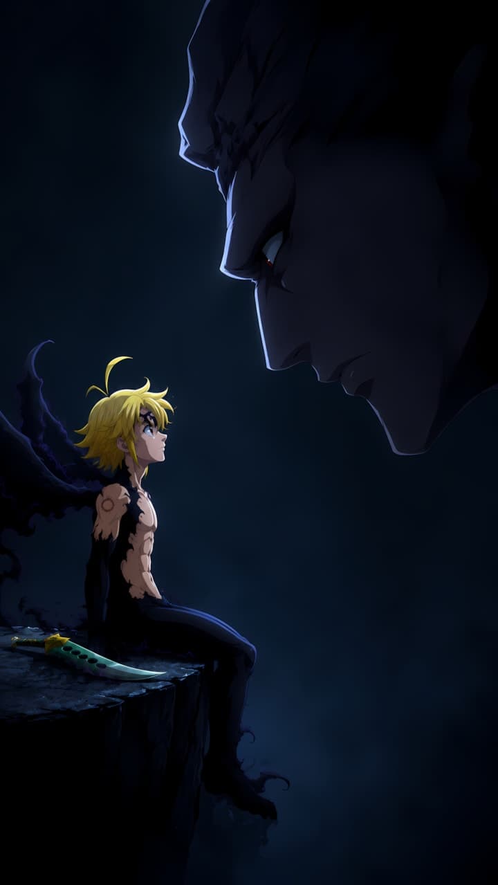 Meliodas sentado en un precipicio con poder demoníaco mientras una enorme presencia oscura aparece frente a él.