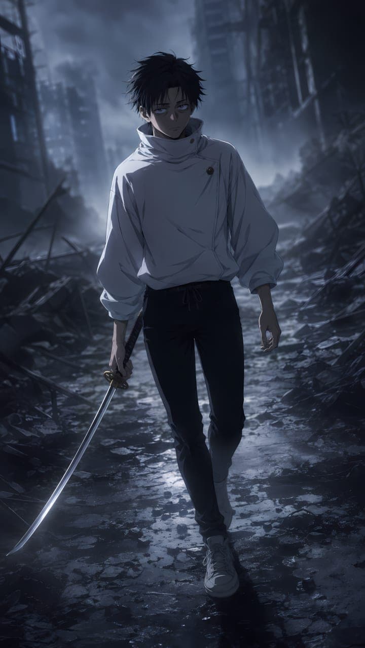 Yuta Okkotsu caminando con su katana por una ciudad en ruinas en Jujutsu Kaisen