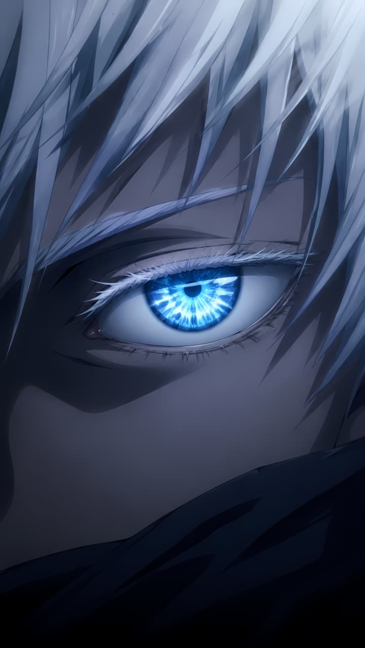 Primer plano del Six Eyes azul de Satoru Gojo en Jujutsu Kaisen