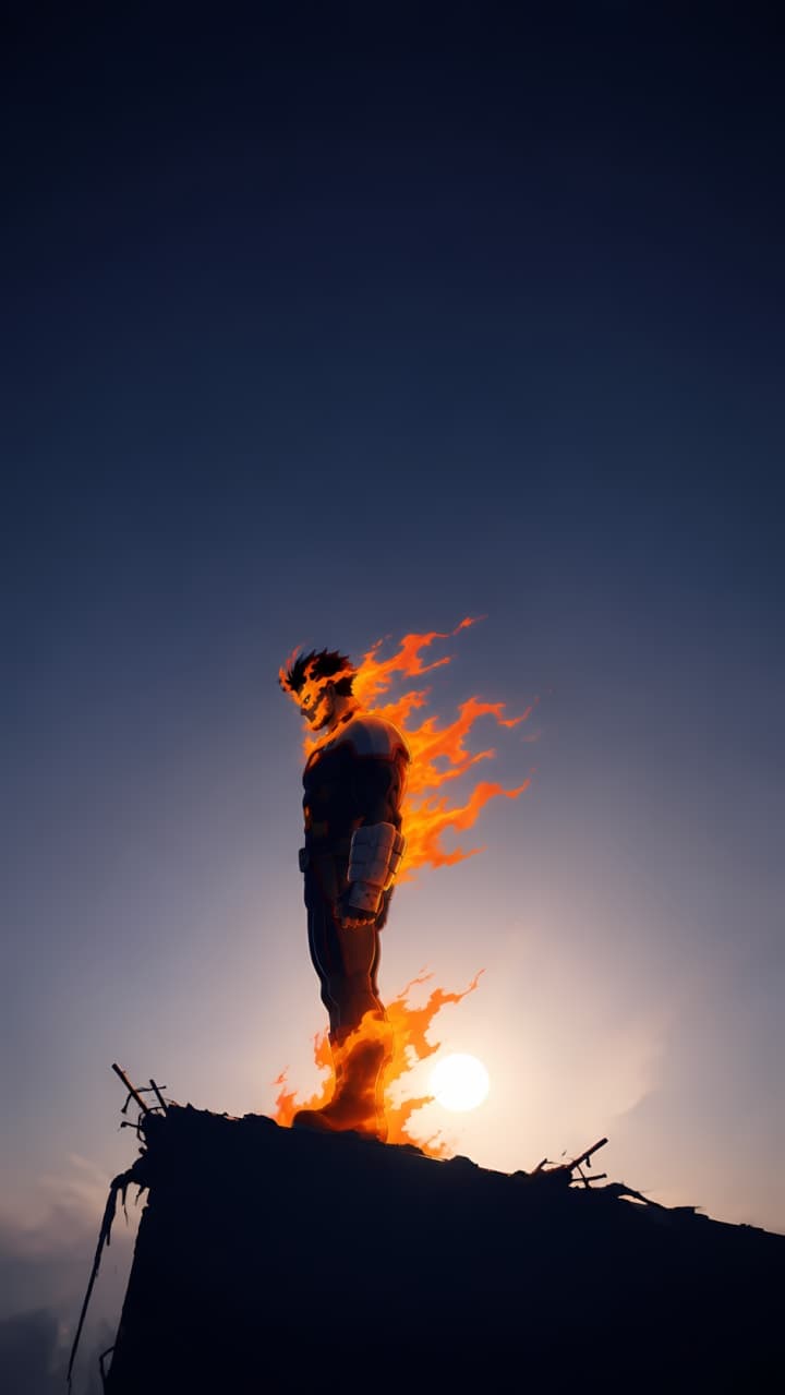 Endeavor de pie entre llamas al atardecer en My Hero Academia
