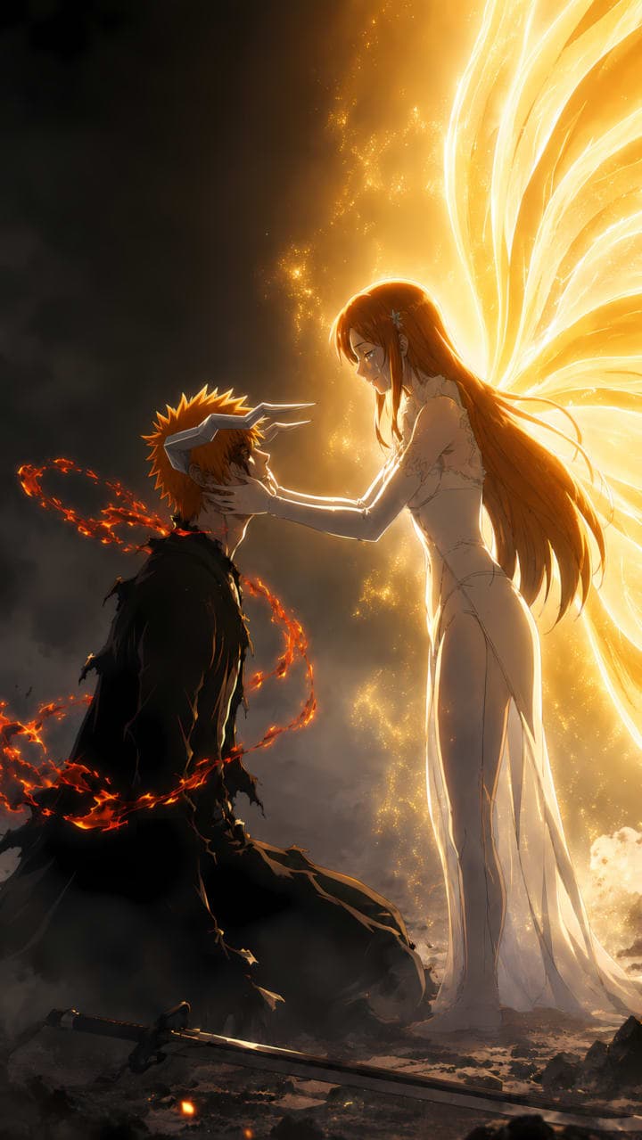 Orihime Inoue usando su poder dorado junto a Ichigo Kurosaki en Bleach TYBW