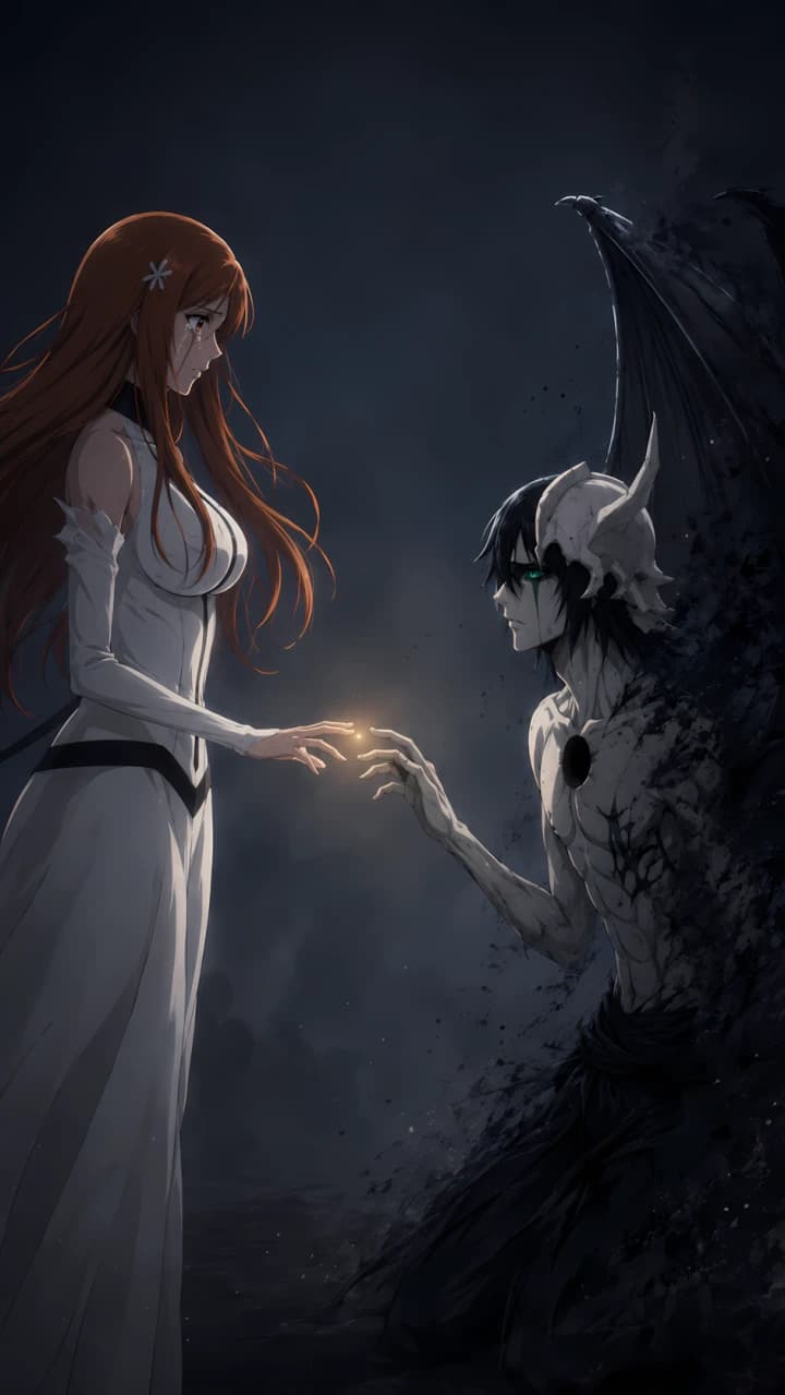 Orihime Inoue y Ulquiorra Cifer frente a frente extendiendo las manos en una escena de Bleach
