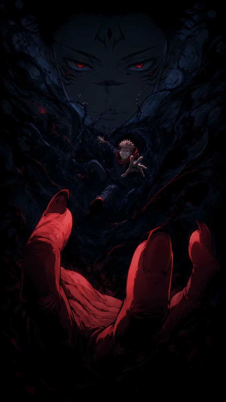 Yuji Itadori cae en un abismo mientras una gran mano roja de Sukuna intenta atraparlo bajo su rostro gigante.