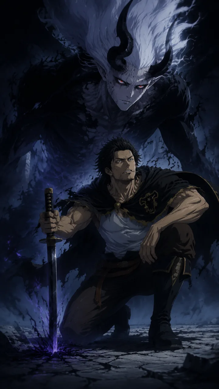 Yami Sukehiro con katana y demonio gigante en Black Clover