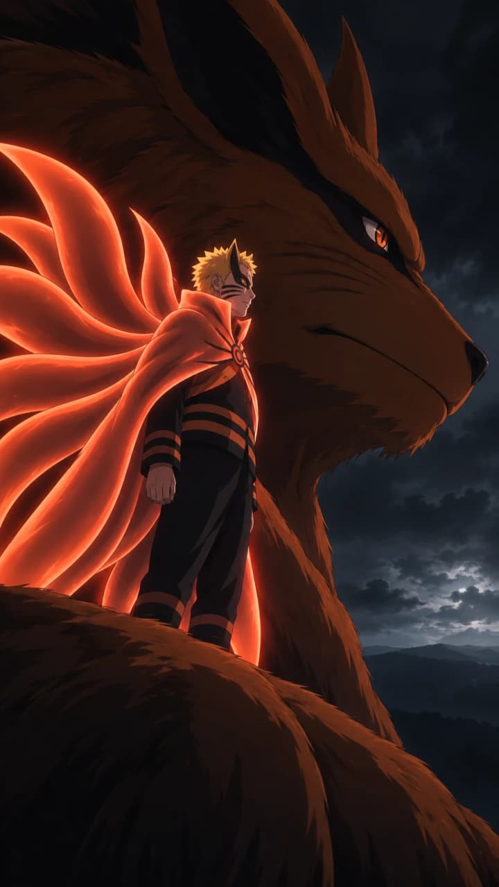 Naruto Uzumaki in Baryon Mode alongside Kurama in a dark red-chakra scene