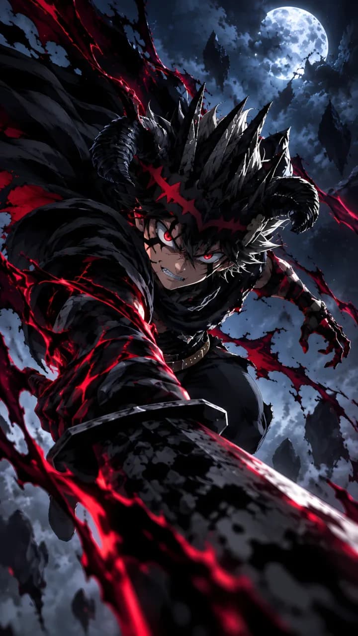 Retrato de Asta de Black Clover en una escena oscura con iluminación roja y azul