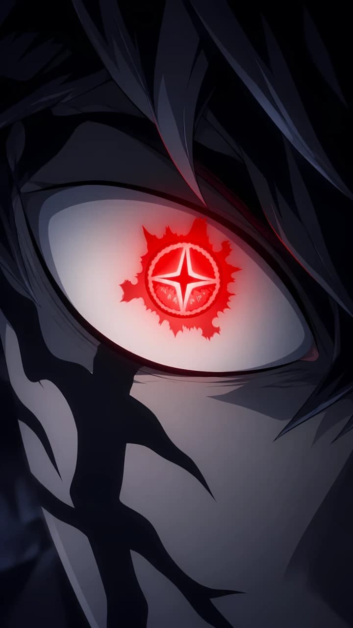 Primerísimo plano del ojo de Asta en Devil Union, con pupila roja en forma de estrella y marcas de Anti-Magia en Black Clover