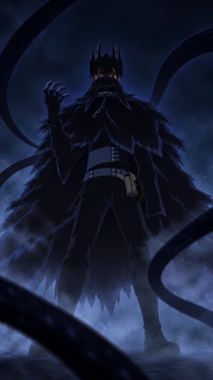 Nacht Faust en Devil Union visto de espaldas entre sombras y extensiones de su magia en Black Clover