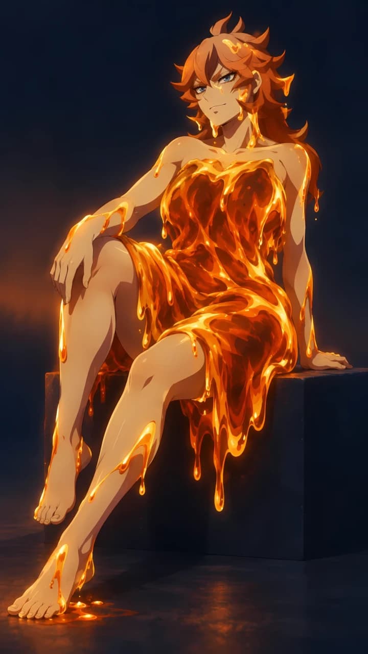 Mereoleona Vermillion sentada sobre un bloque oscuro, con una pierna flexionada y un vestido de llamas naranjas.
