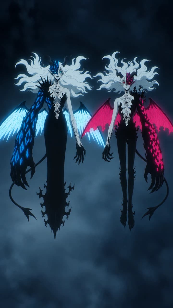 Lilith y Naamah de Black Clover flotan juntas entre niebla azulada, con cabello blanco, cuernos y alas luminosas azules y rosas.