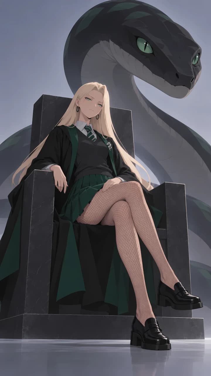 Versión femenina de Draco Malfoy sentada con las piernas cruzadas mientras una serpiente gigante se alza detrás