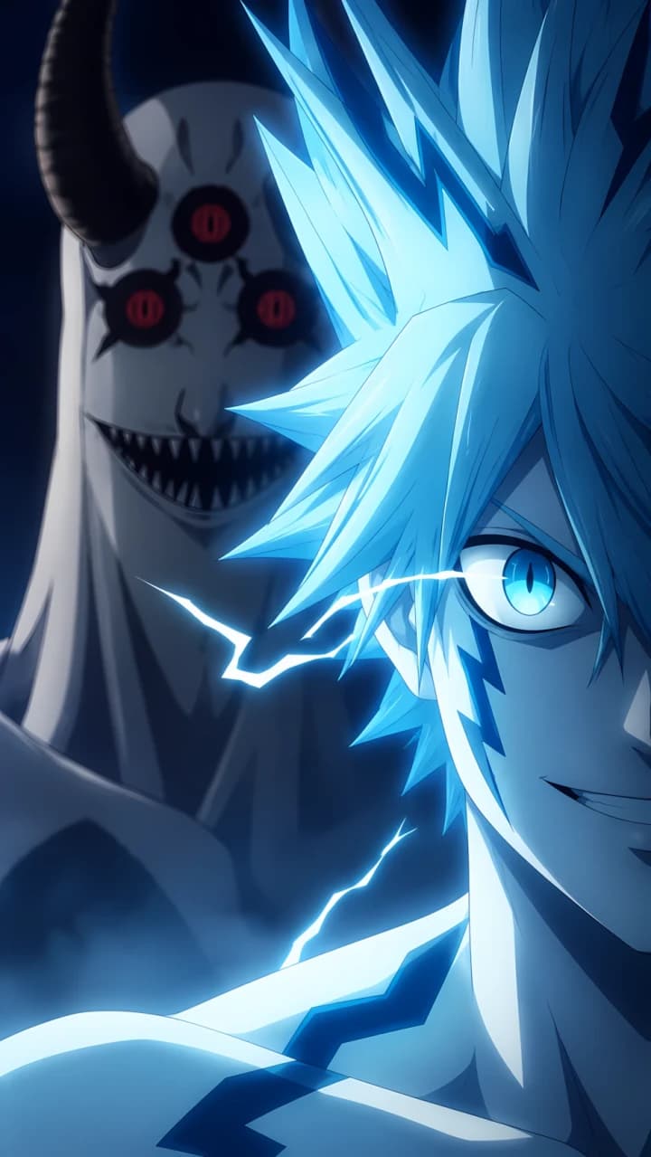 Medio rostro de Luck Voltia en primer plano, con un ojo cian visible y un demonio blanco de tres ojos rojos desenfocado detrás.