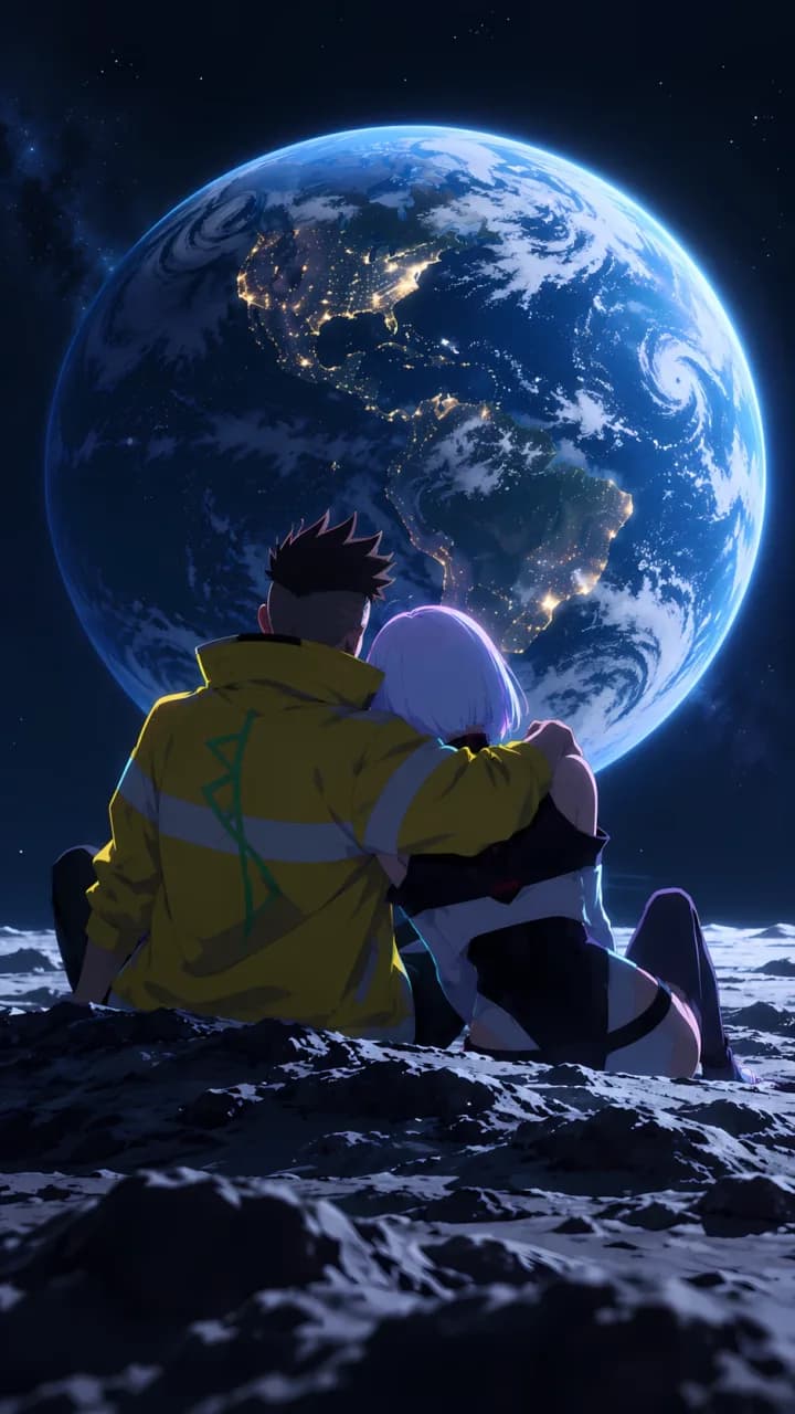 David y Lucy, de espaldas y sentados sobre la superficie lunar, se abrazan mientras contemplan la Tierra iluminada.