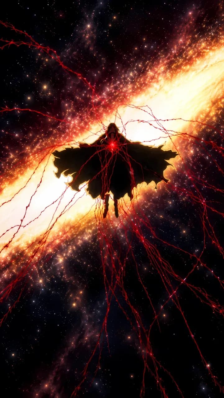 La silueta negra de Yhwach flota con el manto abierto, rodeada de hilos rojos ante una franja galáctica dorada.