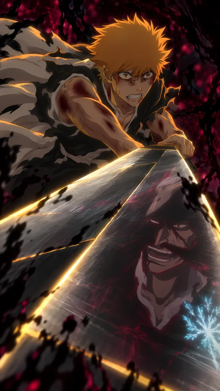 Ichigo Kurosaki empuña una gran espada en primer plano; la hoja refleja el rostro de Yhwach y un pequeño destello azul.