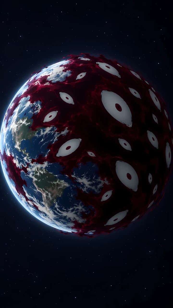 La Tierra vista desde el espacio, parcialmente cubierta por una masa carmesí casi negra con grandes ojos blancos y pupilas rojas.