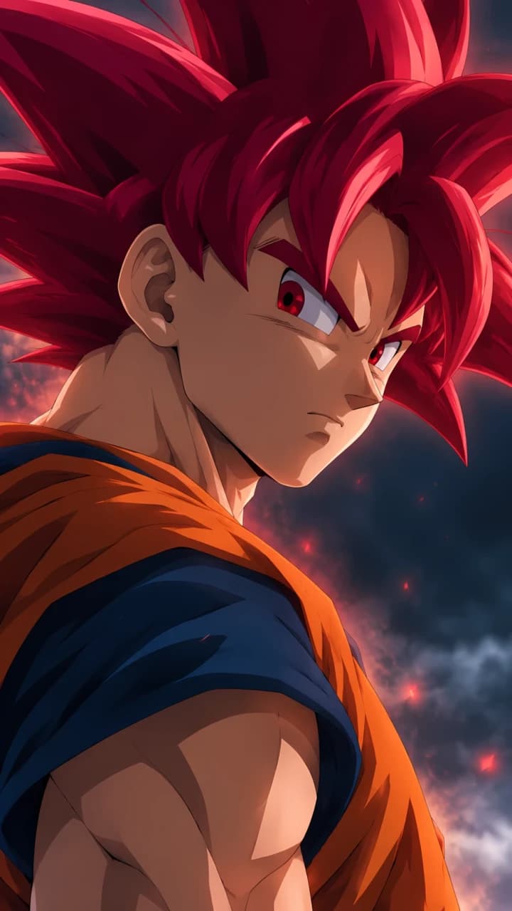 Side close-up of Super Saiyan God Goku looking toward the camera, with red hair and eyes and a warm glow in the background.